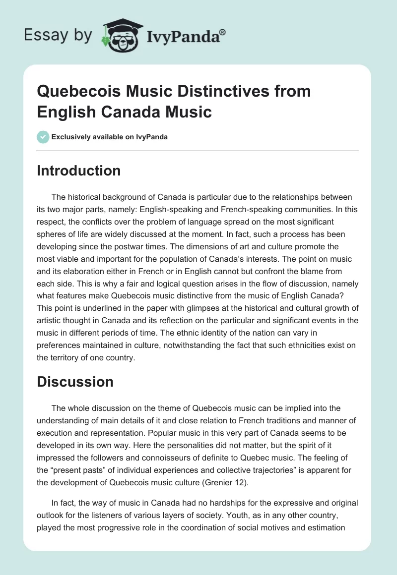 Quebecois Music Distinctives from English Canada Music. Page 1
