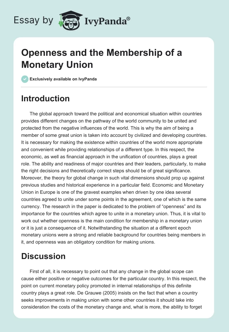 Openness and the Membership of a Monetary Union. Page 1
