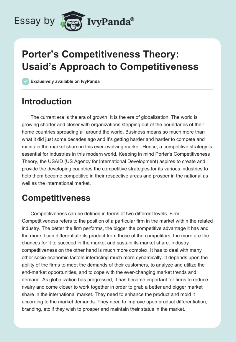 Porter’s Competitiveness Theory: Usaid’s Approach to Competitiveness. Page 1