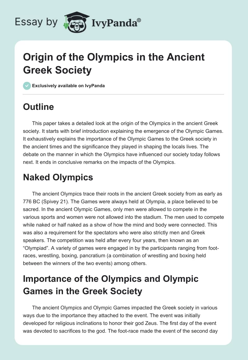 Origin of the Olympics in the Ancient Greek Society. Page 1
