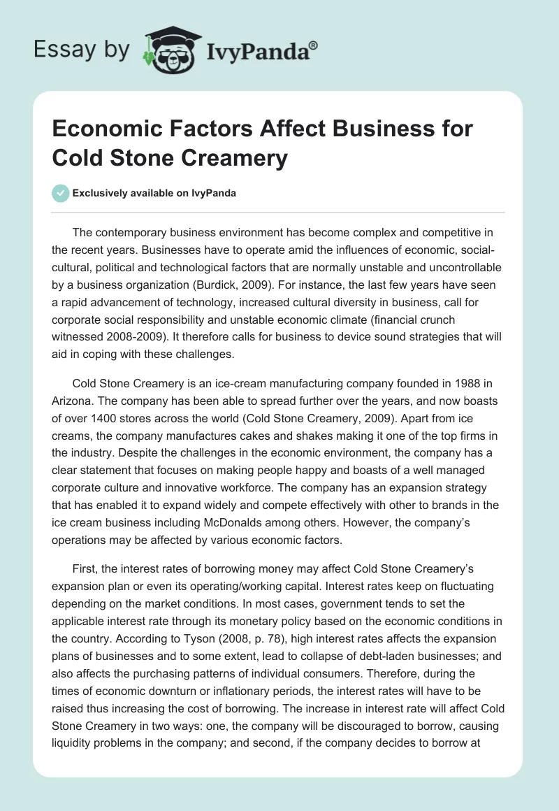 Economic Factors Affect Business for Cold Stone Creamery. Page 1
