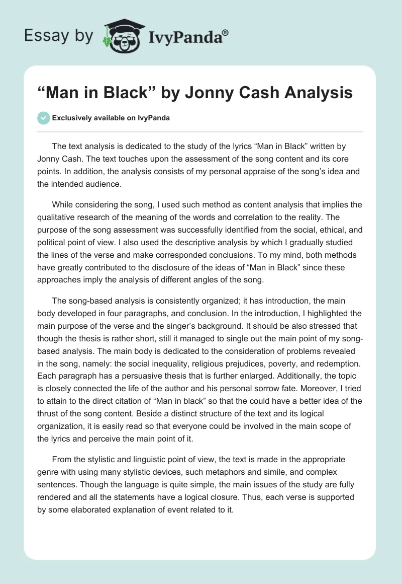 “Man in Black” by Jonny Cash Analysis. Page 1
