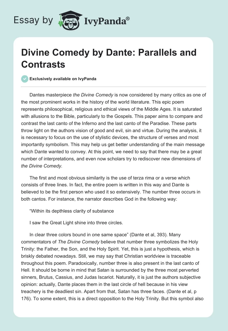 "Divine Comedy" by Dante: Parallels and Contrasts. Page 1