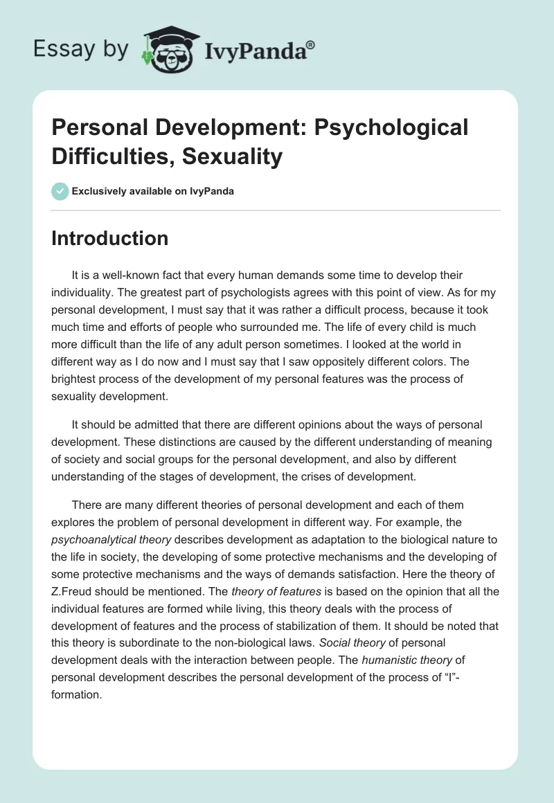 Personal Development: Psychological Difficulties, Sexuality. Page 1