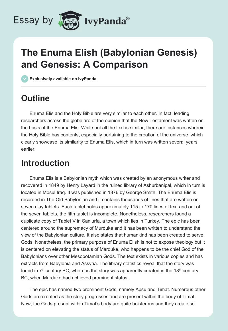 The Enuma Elish (Babylonian Genesis) and Genesis: A Comparison. Page 1