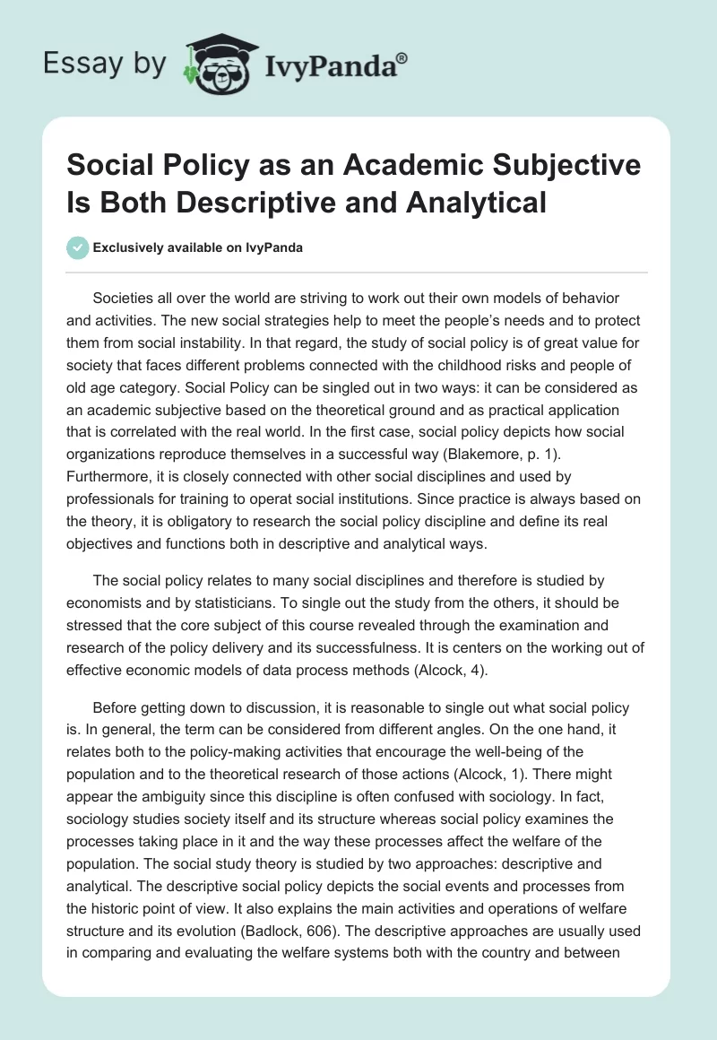 Social Policy as an Academic Subjective Is Both Descriptive and Analytical. Page 1