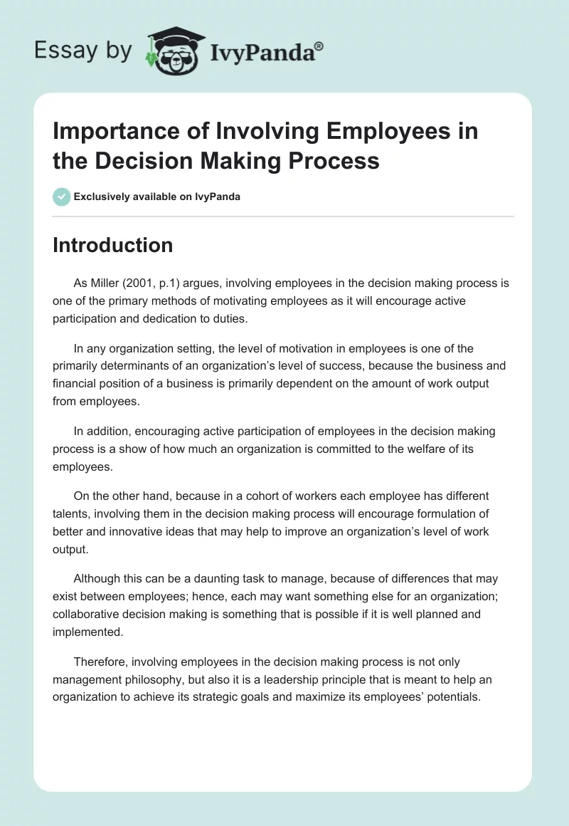 Importance of Involving Employees in the Decision Making Process. Page 1