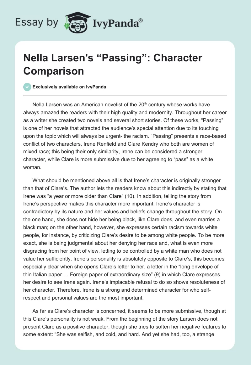 Nella Larsen's “Passing”: Character Comparison. Page 1