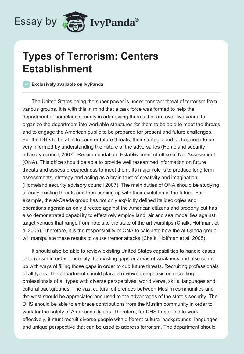 Types of Terrorism: Centers Establishment. Page 1