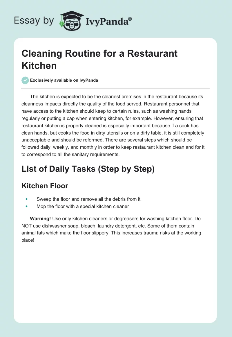Cleaning Routine for a Restaurant Kitchen. Page 1