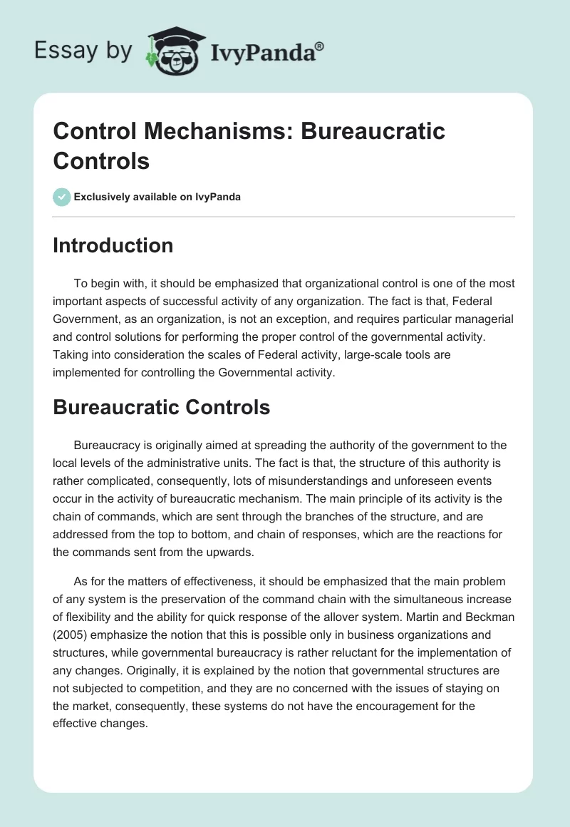 Control Mechanisms: Bureaucratic Controls. Page 1