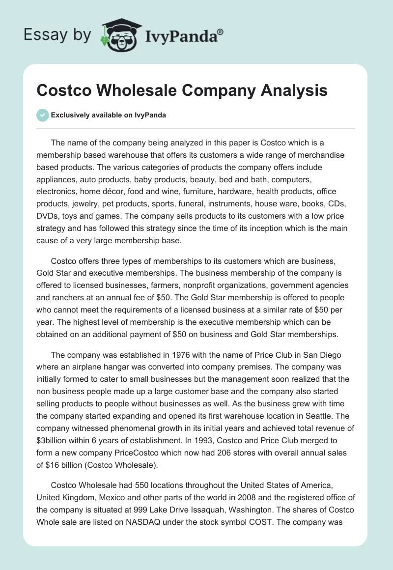 Costco Wholesale Company Analysis. Page 1