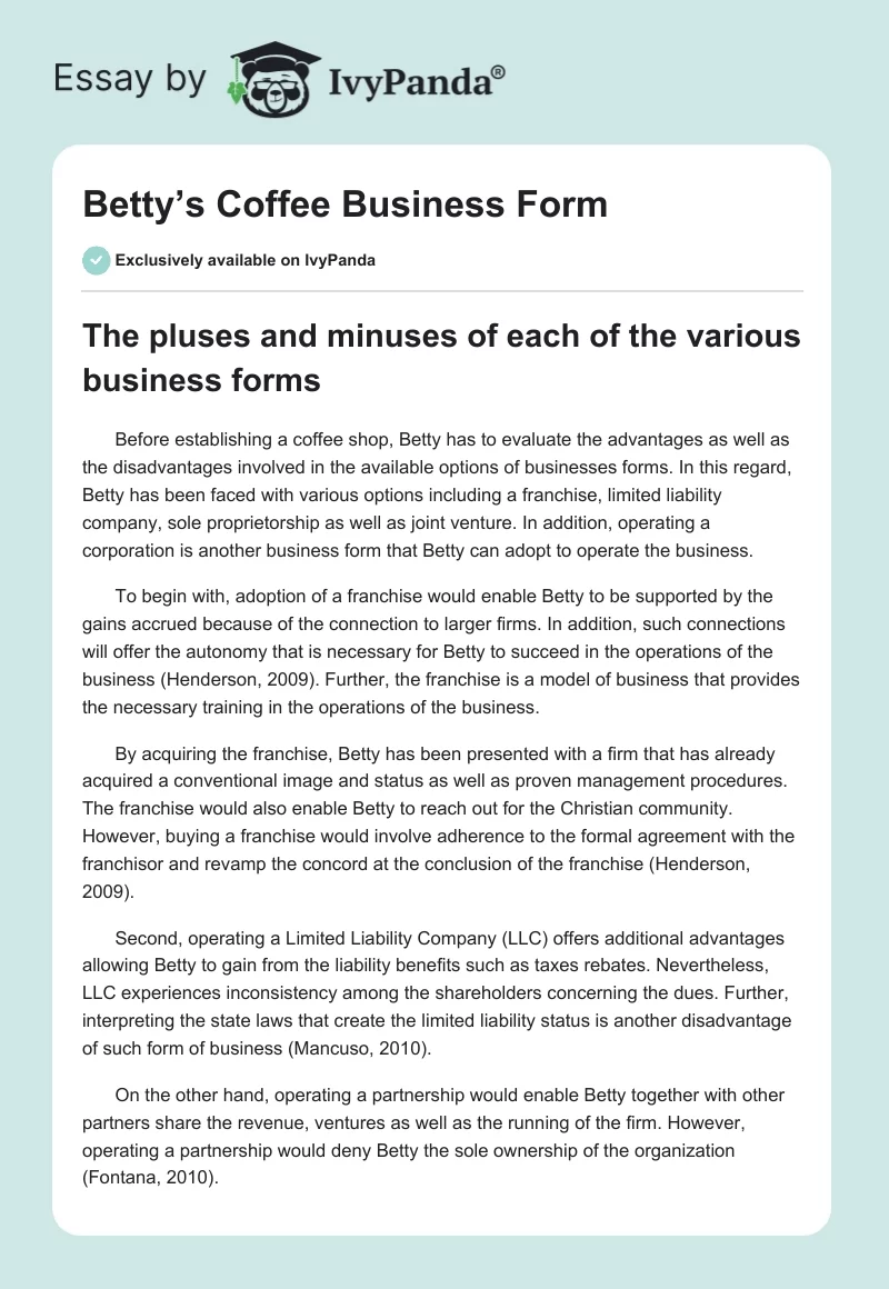 Betty’s Coffee Business Form. Page 1