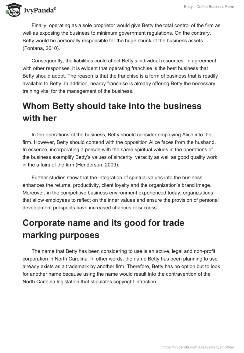 Betty’s Coffee Business Form. Page 2