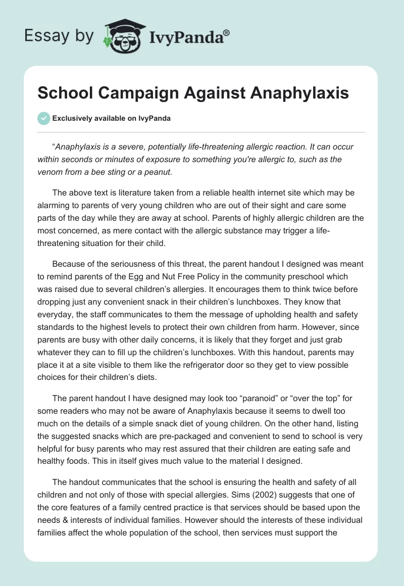 School Campaign Against Anaphylaxis. Page 1