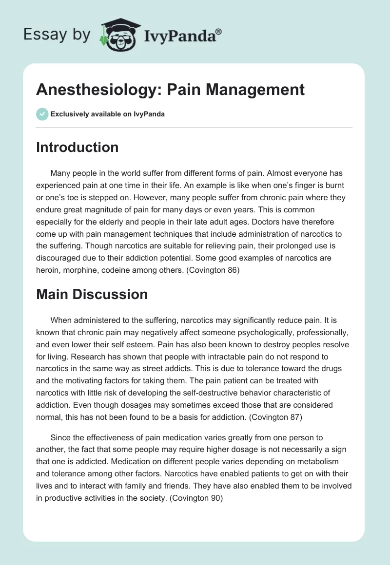 Anesthesiology: Pain Management. Page 1