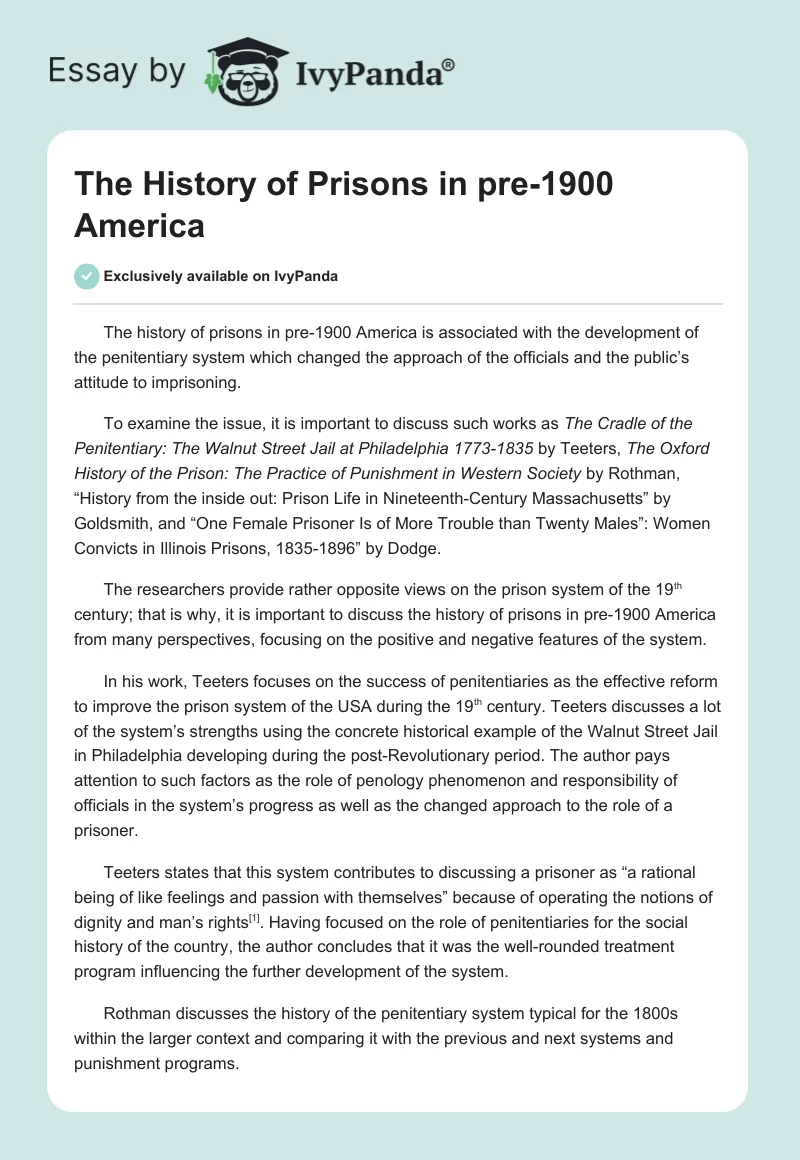 The History of Prisons in Pre-1900 America. Page 1