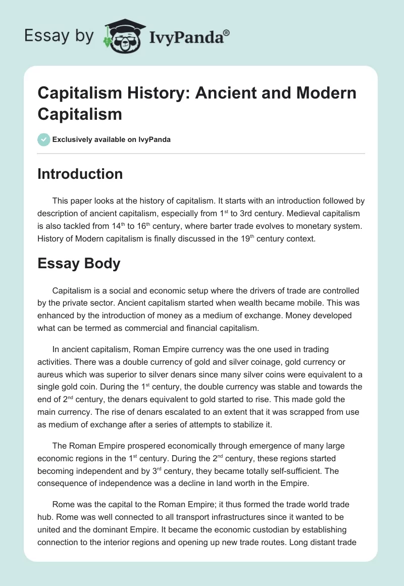 Capitalism History: Ancient and Modern Capitalism. Page 1