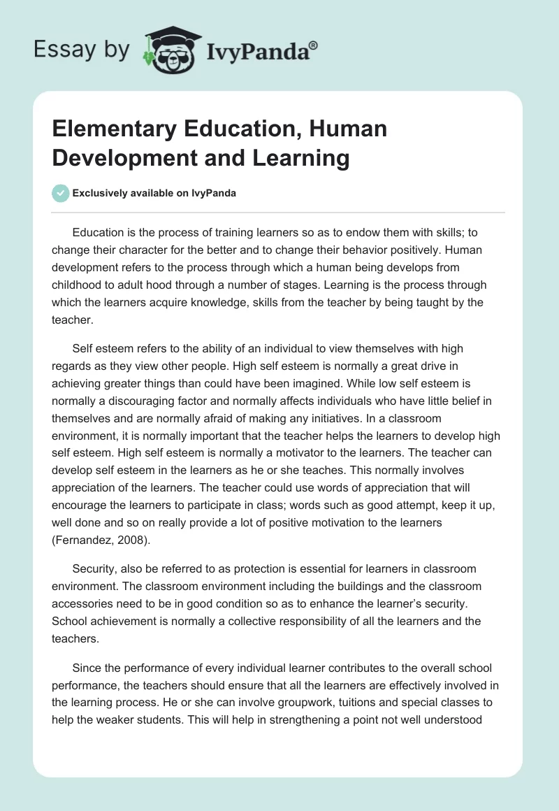 Elementary Education, Human Development and Learning. Page 1