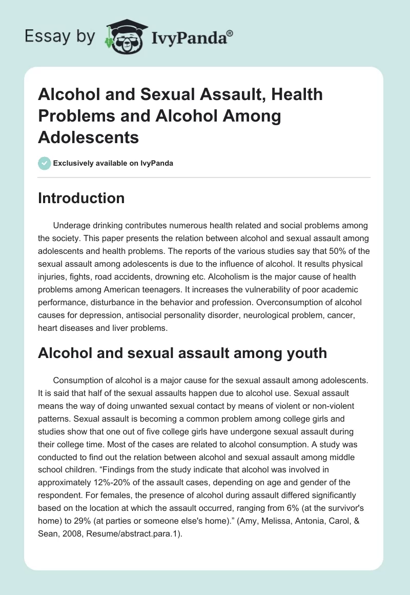 Alcohol and Sexual Assault, Health Problems and Alcohol Among Adolescents. Page 1