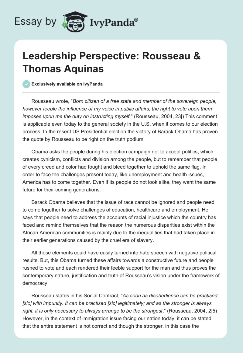 Leadership Perspective: Rousseau & Thomas Aquinas. Page 1