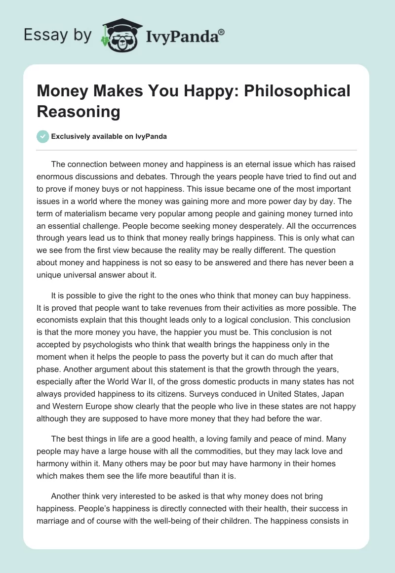 Money Makes You Happy: Philosophical Reasoning. Page 1