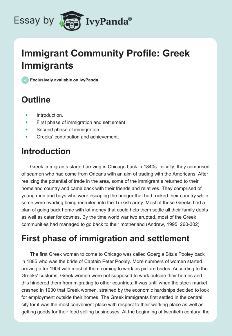 Immigrant Community Profile: Greek Immigrants. Page 1