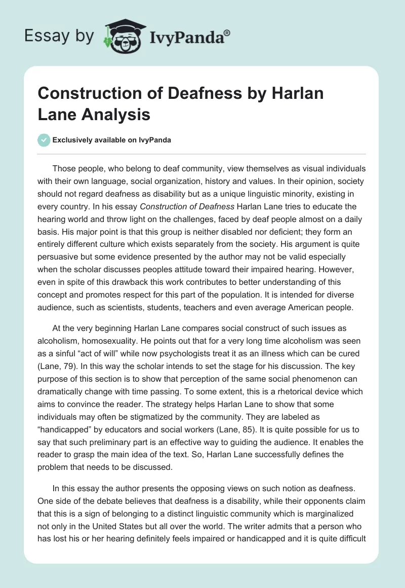 "Construction of Deafness" by Harlan Lane Analysis. Page 1
