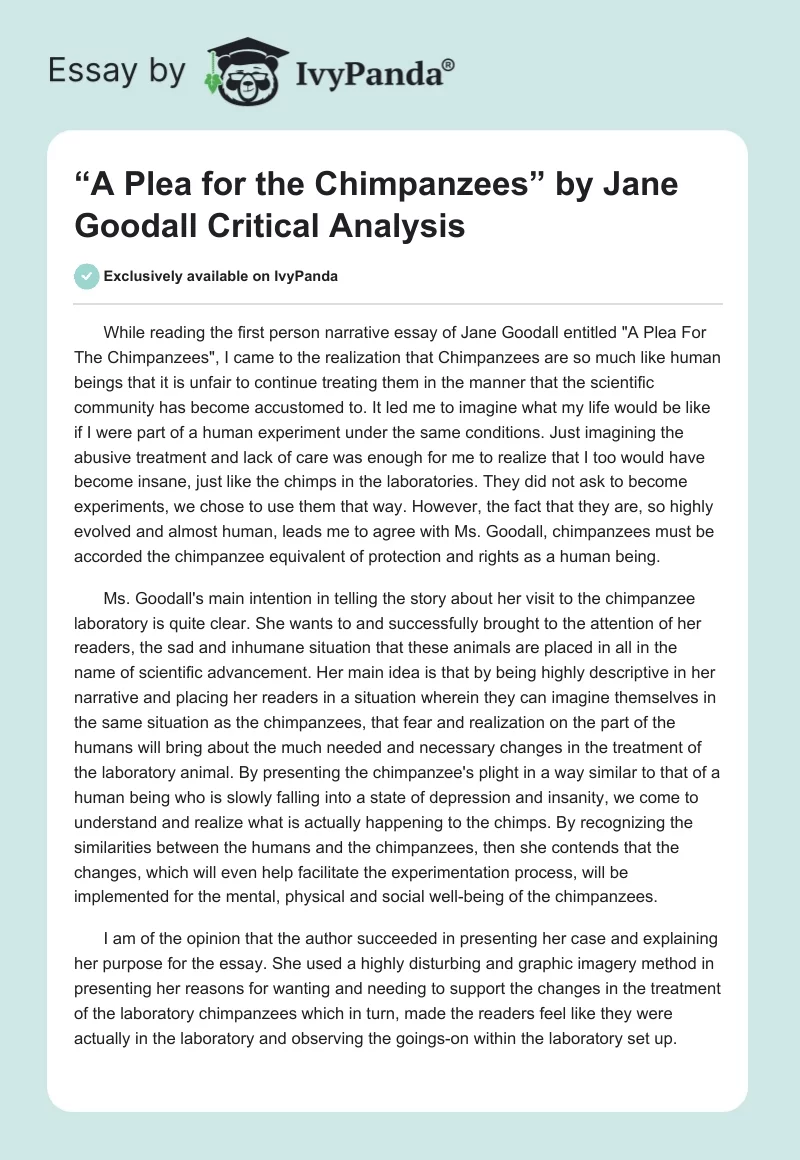“A Plea for the Chimpanzees” by Jane Goodall Critical Analysis. Page 1