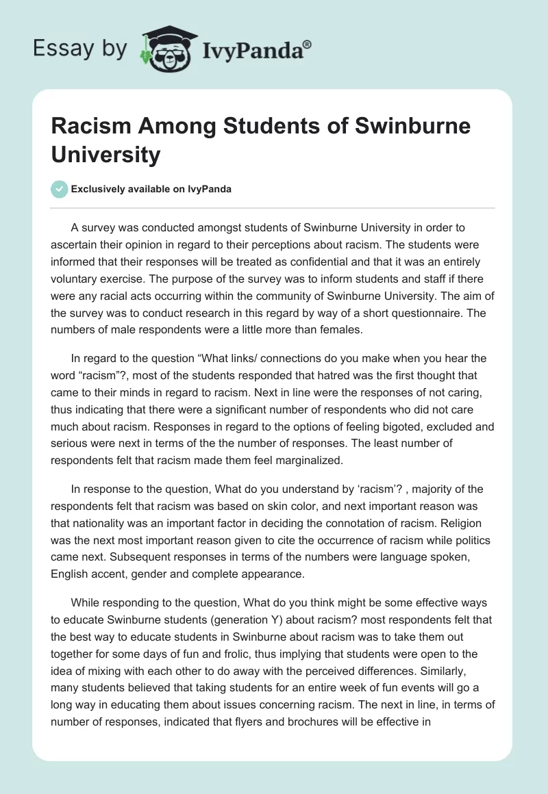 Racism Among Students of Swinburne University. Page 1