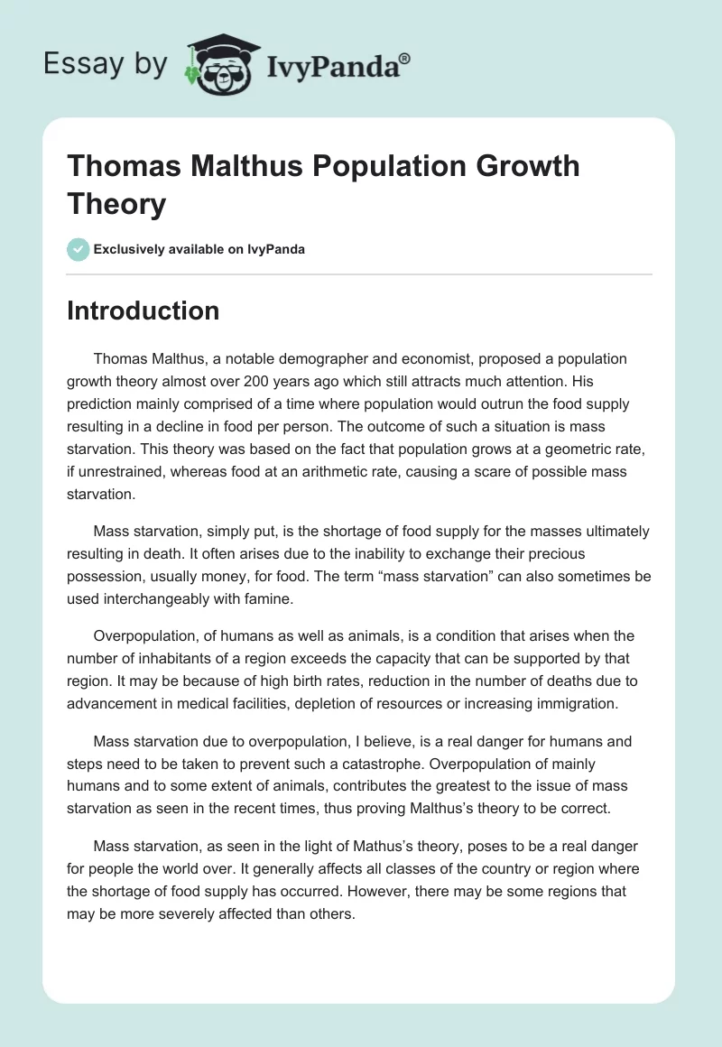 Thomas Malthus Population Growth Theory. Page 1