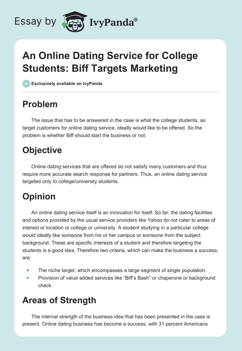 An Online Dating Service for College Students: Biff Targets Marketing. Page 1