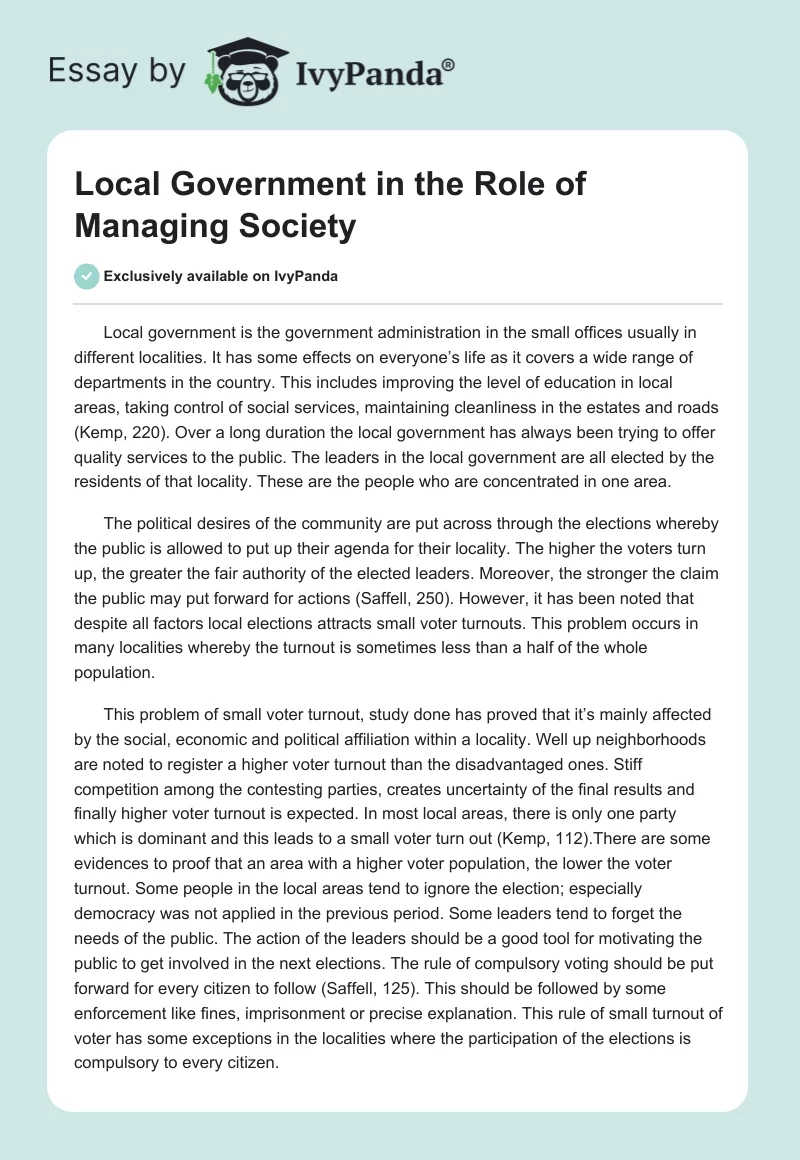 Local Government in the Role of Managing Society. Page 1