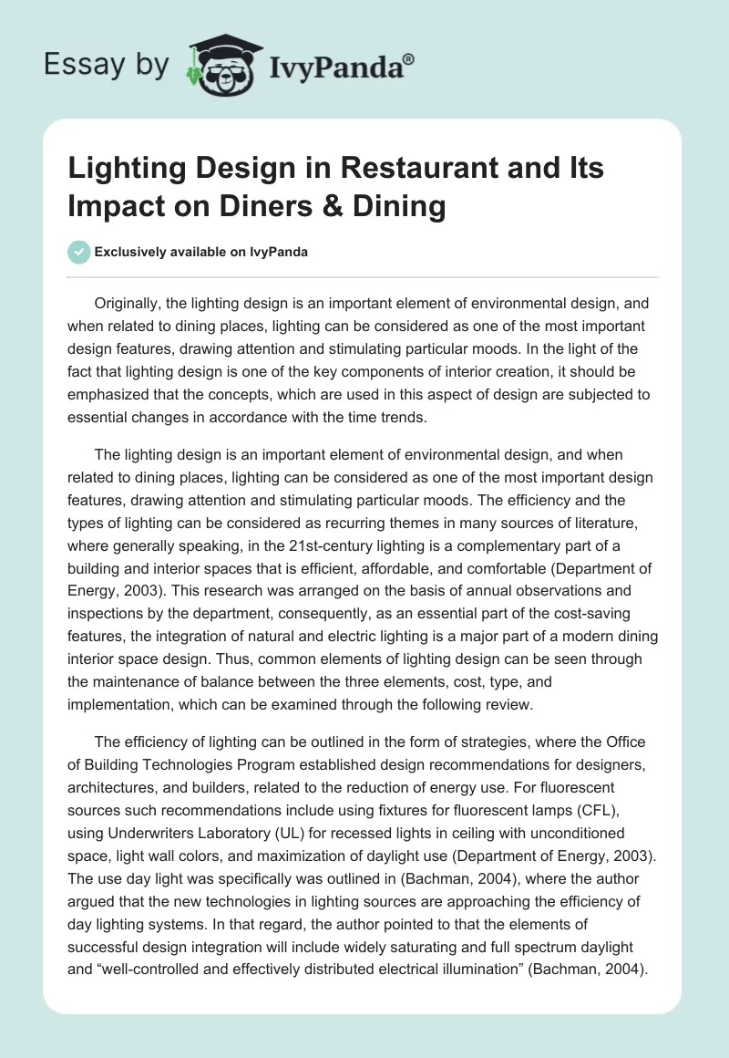 Lighting Design in Restaurant and Its Impact on Diners & Dining. Page 1