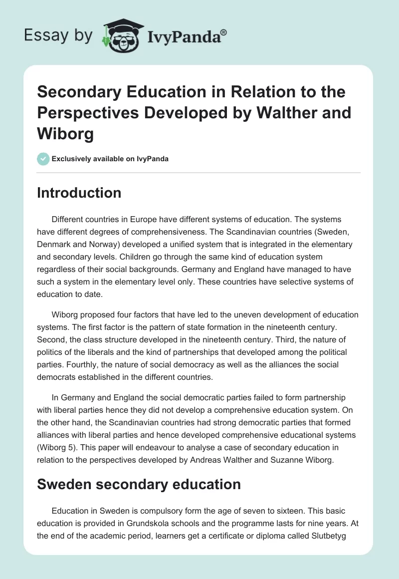 Secondary Education in Relation to the Perspectives Developed by Walther and Wiborg. Page 1