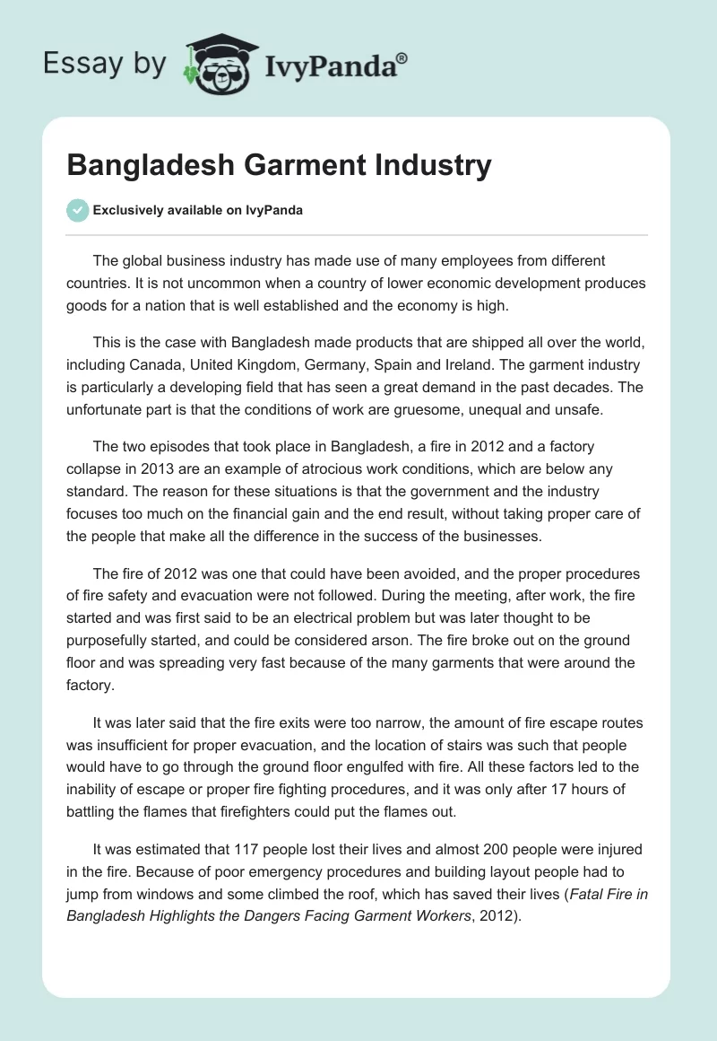 Bangladesh Garment Industry. Page 1