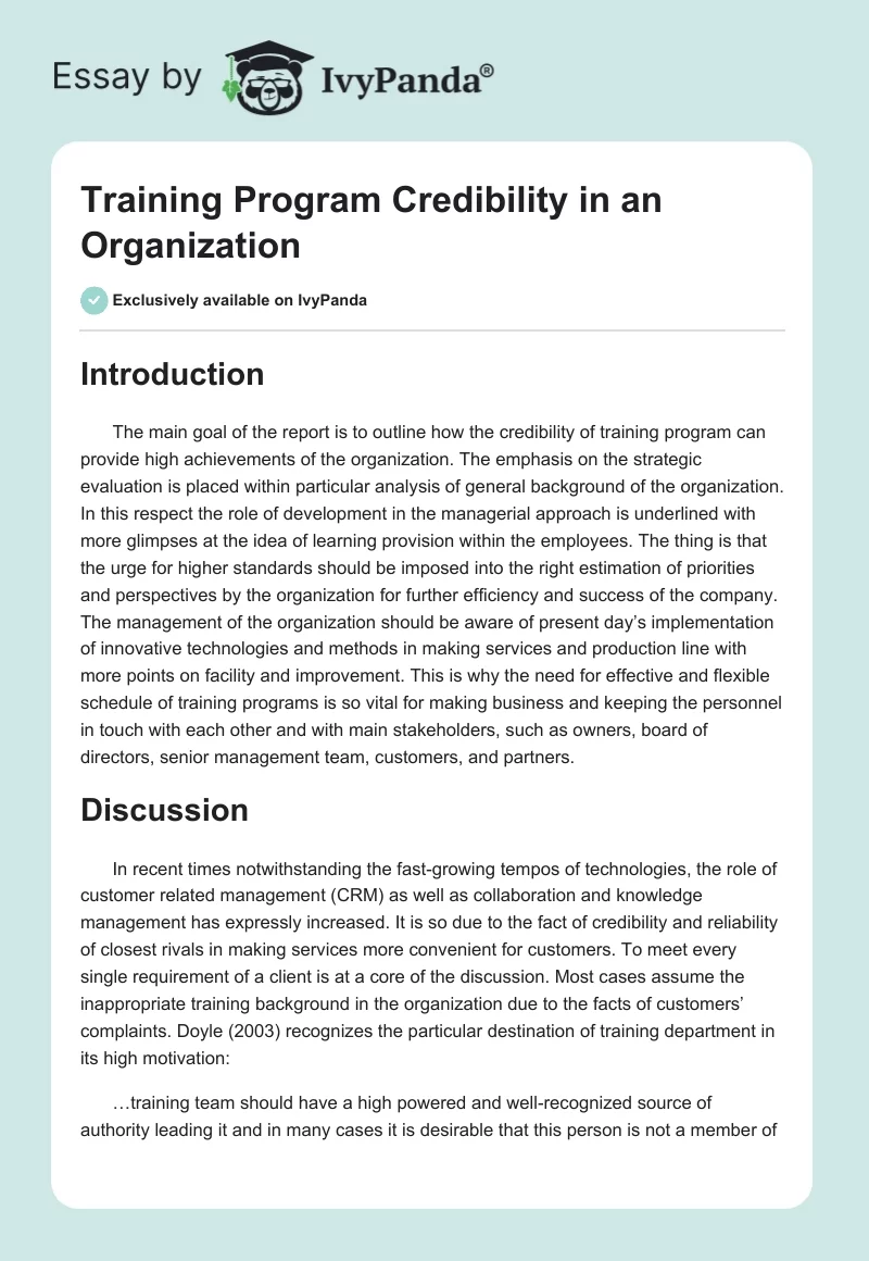 Training Program Credibility in an Organization. Page 1