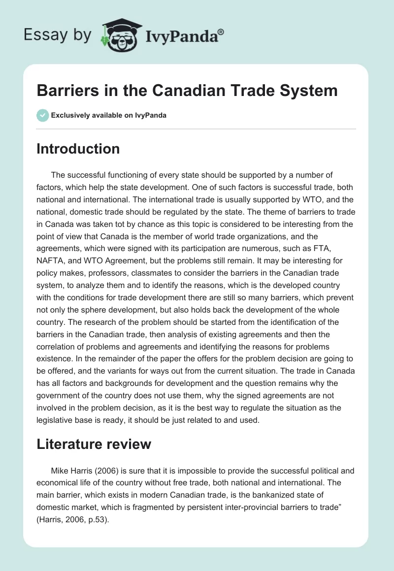 Barriers in the Canadian Trade System. Page 1