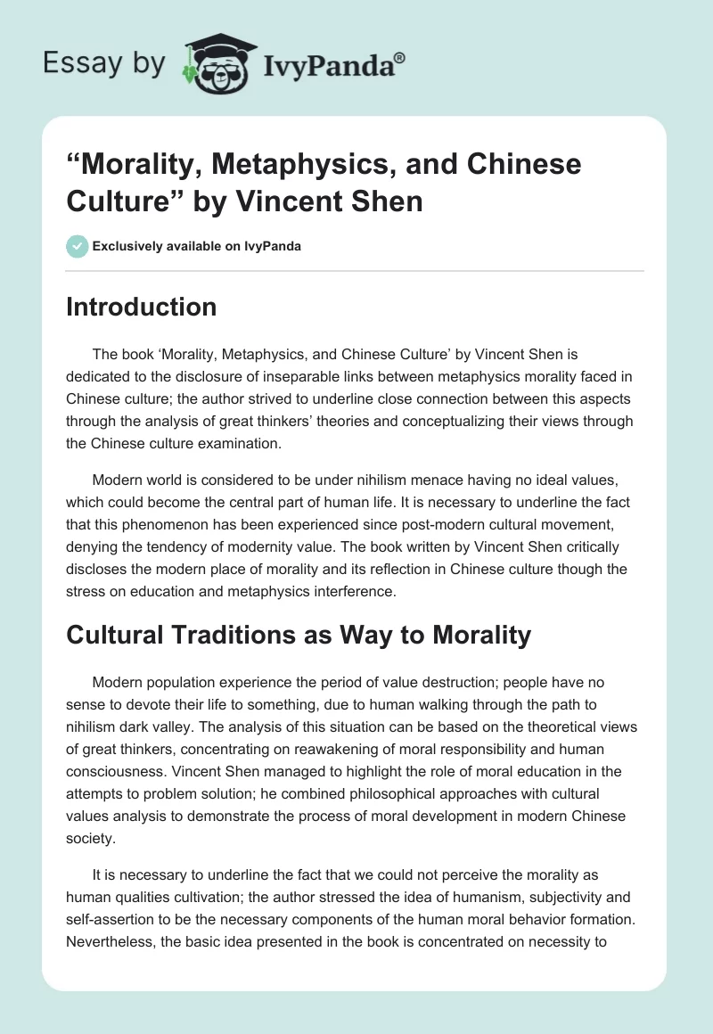 “Morality, Metaphysics, and Chinese Culture” by Vincent Shen. Page 1