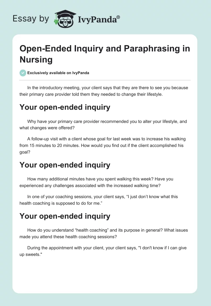 Open-Ended Inquiry and Paraphrasing in Nursing. Page 1