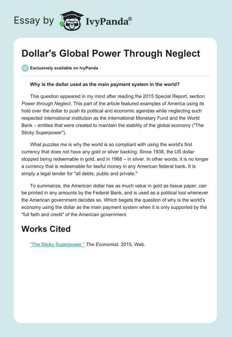 Dollar's Global Power Through Neglect. Page 1