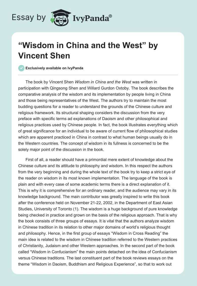 “Wisdom in China and the West” by Vincent Shen. Page 1