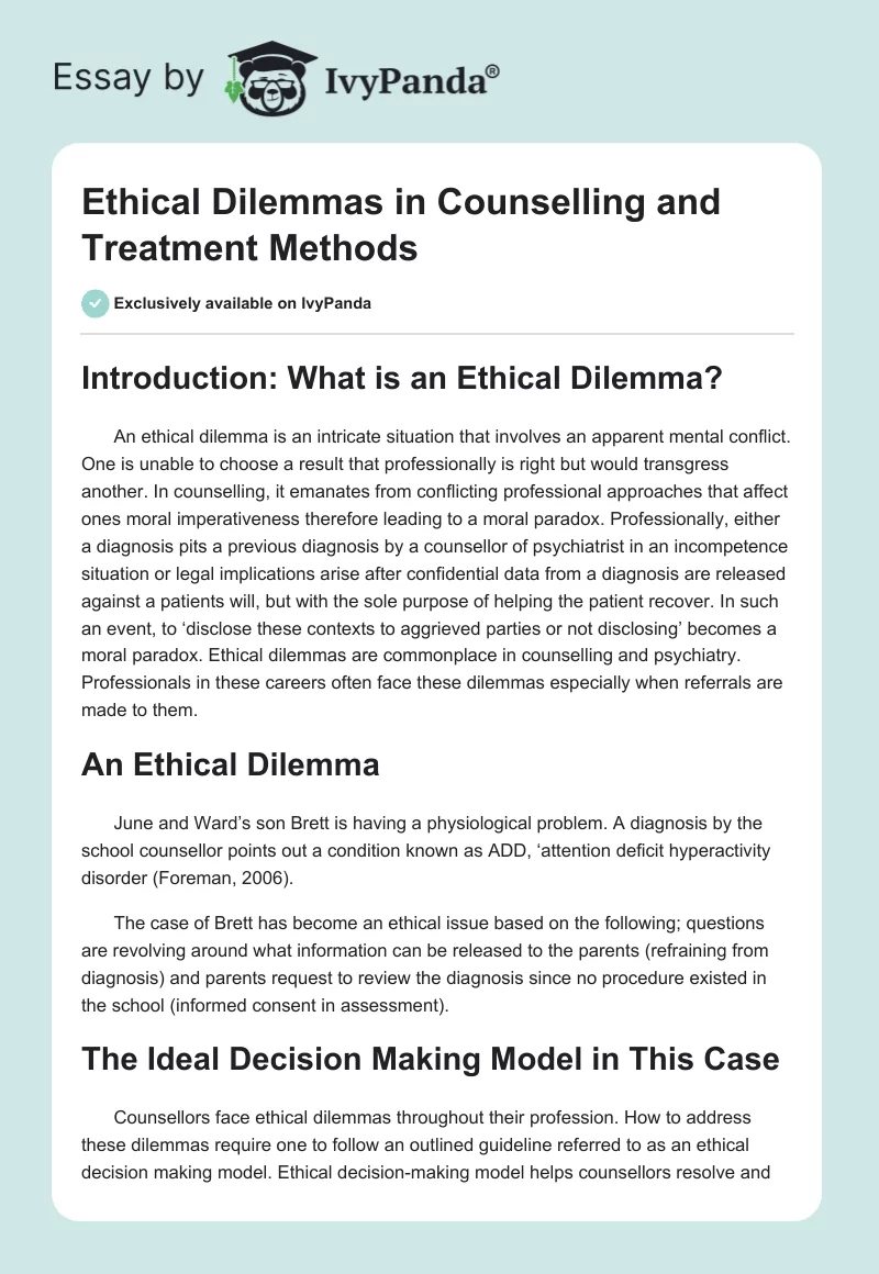Ethical Dilemmas in Counselling and Treatment Methods. Page 1