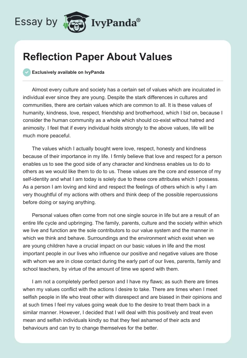 Reflection Paper About Values. Page 1
