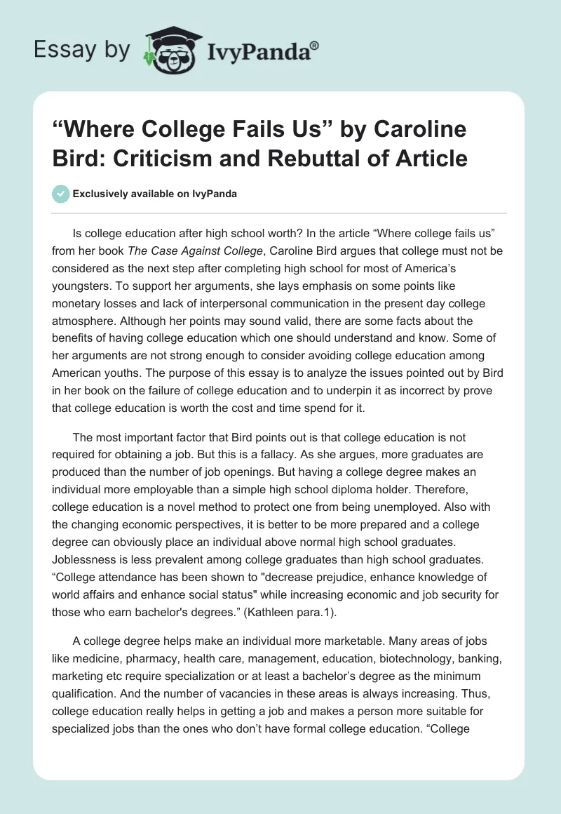 “Where College Fails Us” by Caroline Bird: Criticism and Rebuttal of Article. Page 1