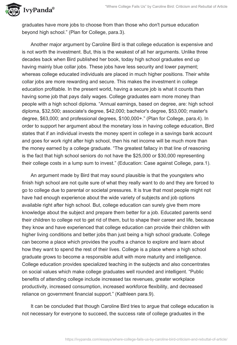 “Where College Fails Us” by Caroline Bird: Criticism and Rebuttal of Article. Page 2