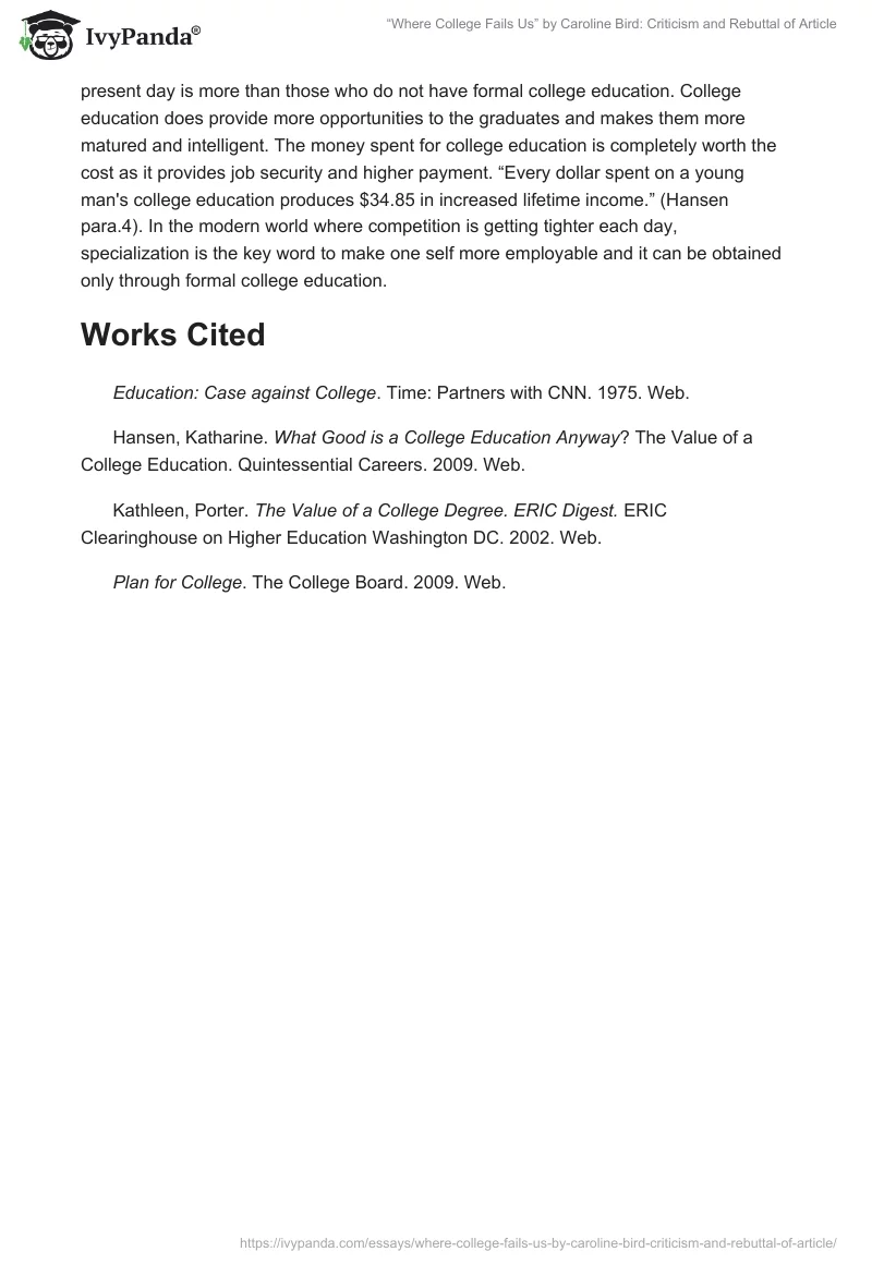 “Where College Fails Us” by Caroline Bird: Criticism and Rebuttal of Article. Page 3