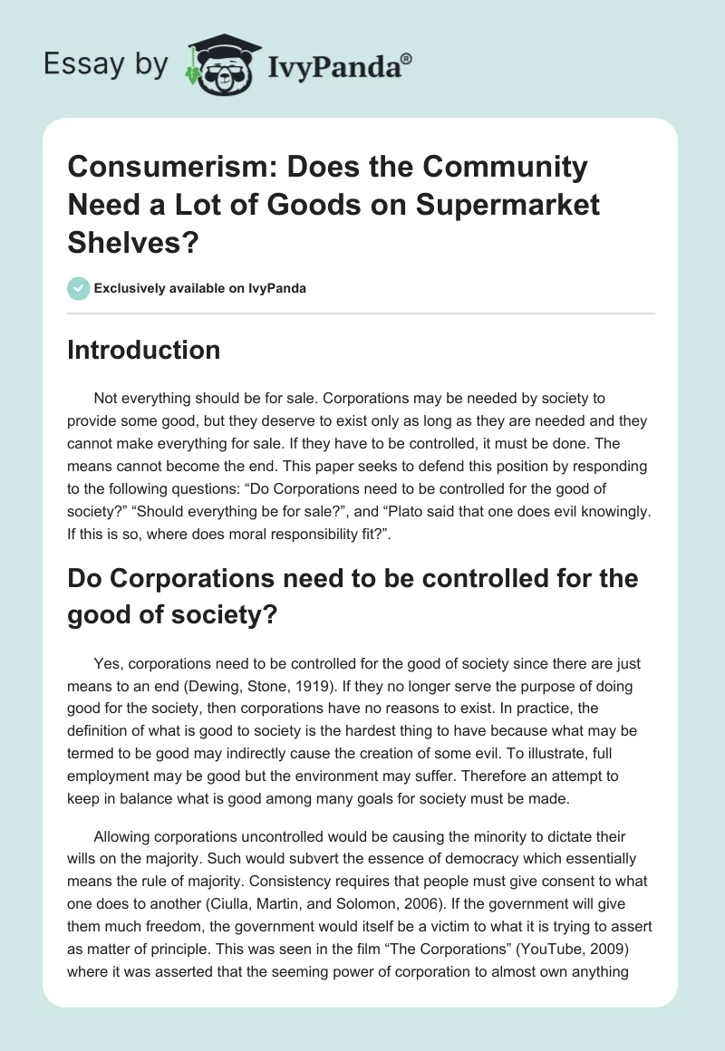 Consumerism: Does the Community Need a Lot of Goods on Supermarket Shelves?. Page 1