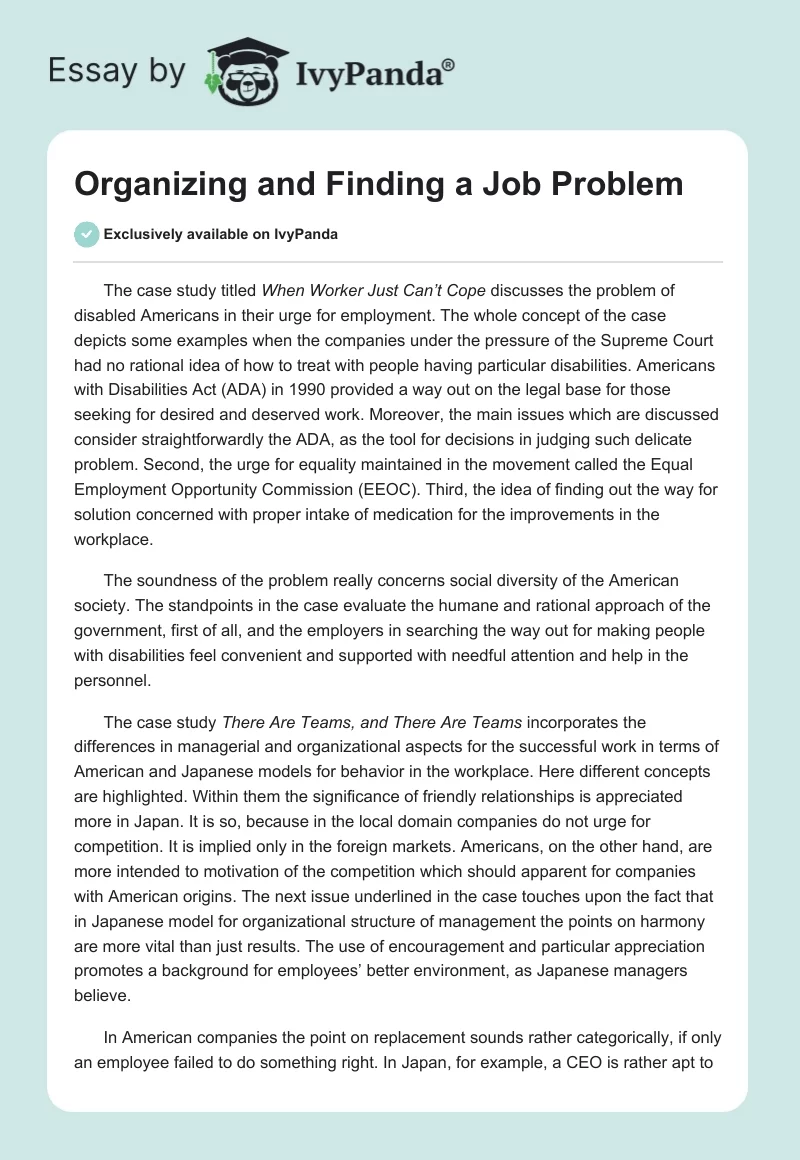 Organizing and Finding a Job Problem. Page 1