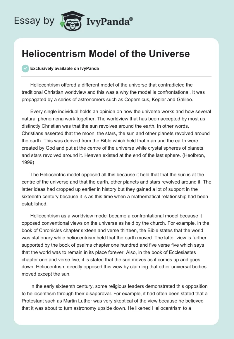 Heliocentrism Model of the Universe. Page 1